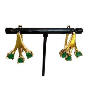 Vintage Gold Plate Silver 925 Emerald Green Stones Pierced Earrings Quality Clip
